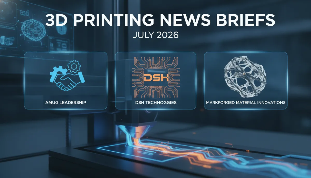 3D Printing News Briefs July 2026: AMUG Leadership, DSH Technologies, and Markforged Material Innovations visual summary