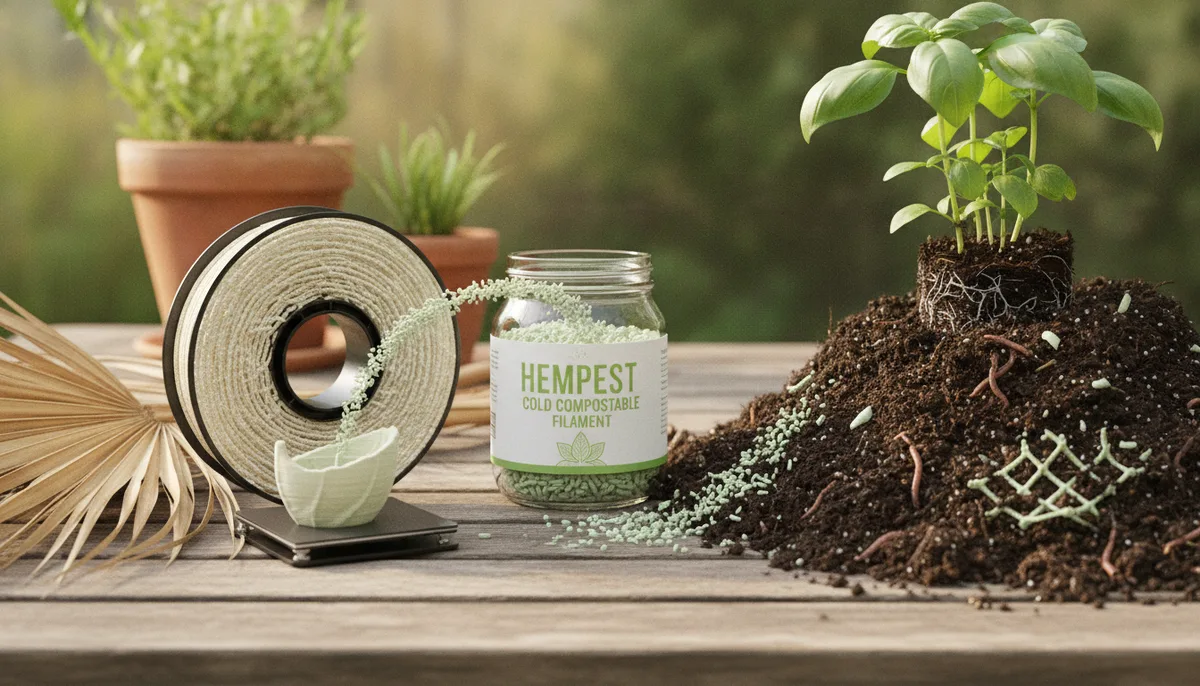 From Palm Leaves to Garden Compost: The Rise of Hembased Cold Compostable Filament visual summary