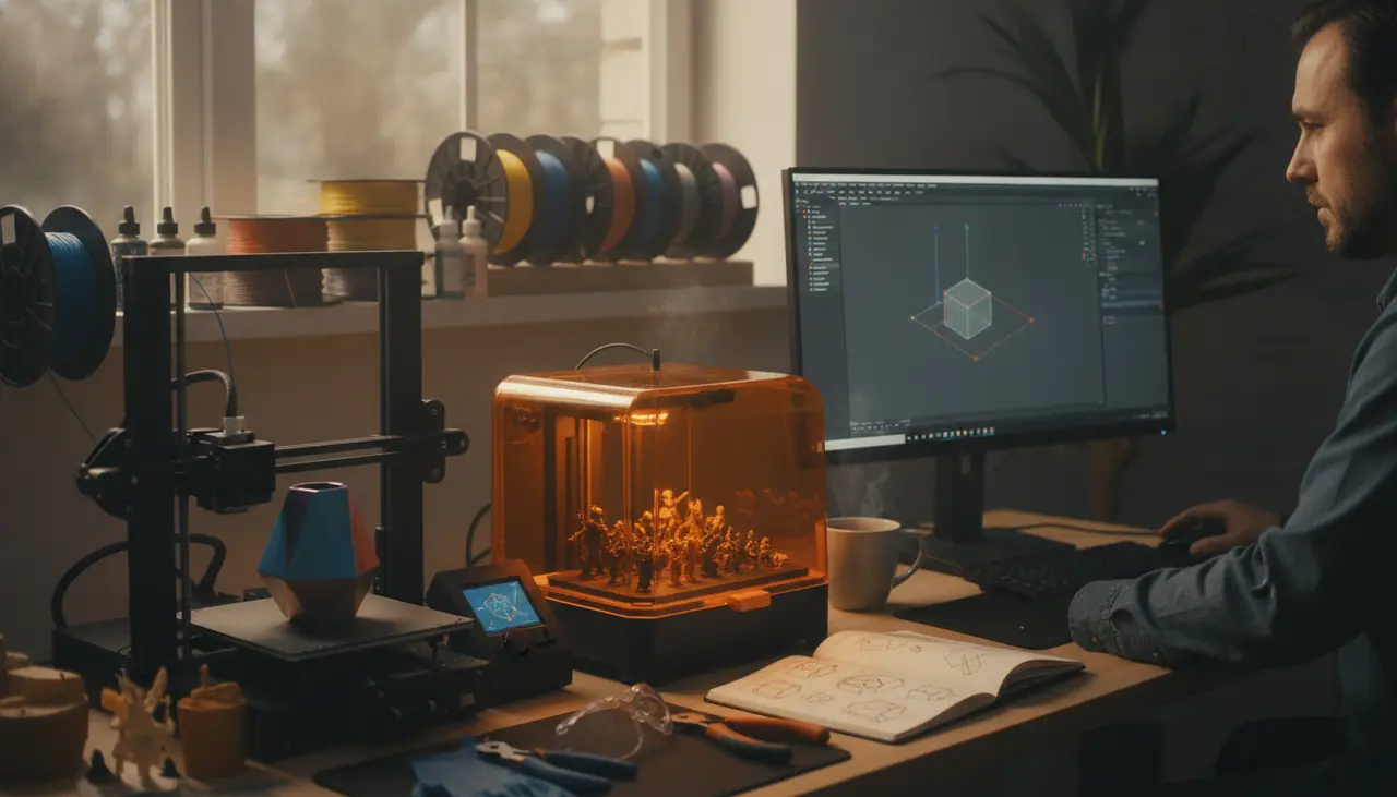 The 3D Print Nook visual guide for Home-based additive manufacturing focusing on FDM and Resin desktop printers, materials, and slicer software optimization.